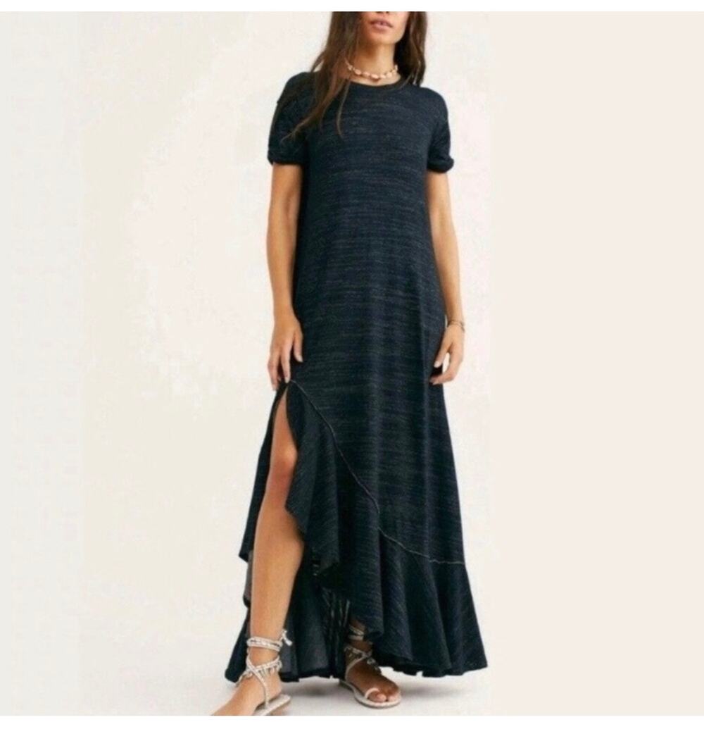 Free People Beach Havana Ruffle Maxi Crewneck T-Shirt Dress Black Size Small